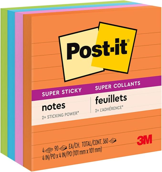 Post-it Super Sticky Notes, 4x4 in, 4 Pads, 2X The Sticking Power, Rio de Janerio Collection, Bright Colors (Orange, Pink, Blue, Green),Recyclable (675-4SSUC) (Pack of 6)