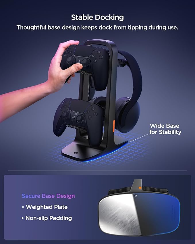 Spigen Gaming Controller and Headset Stand for PlayStation, Xbox, Nintendo Switch 2, Razer, Gaming Headphones and Headsets, Universal Desk Stand Mount, 2 Tiers with Storage Cable Organizer - Black