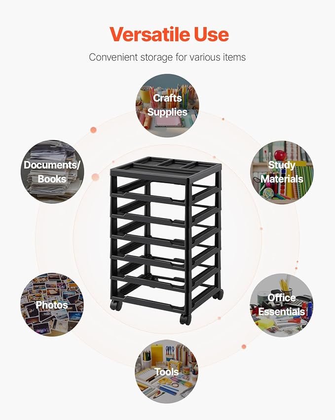 VEVOR Scrapbook Rolling Storage Cart, 6-Tier Large Capacity with Organizer Top, Black Frame with 4 Removable Wheels, PP Material Cart Only, Rolling Craft Storage for Office Arts and Crafts Supplies