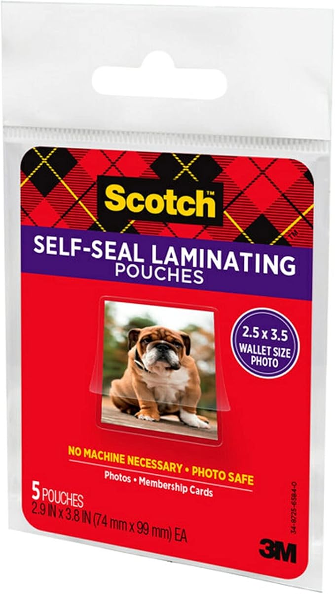 Scotch Self-Sealing Laminating Pouches, Glossy Finish, Wallet Photo Size 2 1/2 in x 3 1/2 in, 5 Pouches