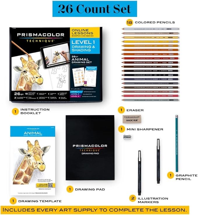 Prismacolor Technique Art Supplies with Digital Art Lessons Animal Drawings Set Level 1 How to Draw Animals with Colored Pencils Graphite Pencils and More Fox Drawing Lesson 26 Count