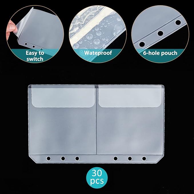 30pcs Dichotomy A6 Binder Pocket no Zipper Clear Budget Planner Inserts Bulk Binder Organizer Cash Envelopes for Budgeting Waterproof PVC Loose Leaf Bags Card Sleeves for 6 Ring Notebook