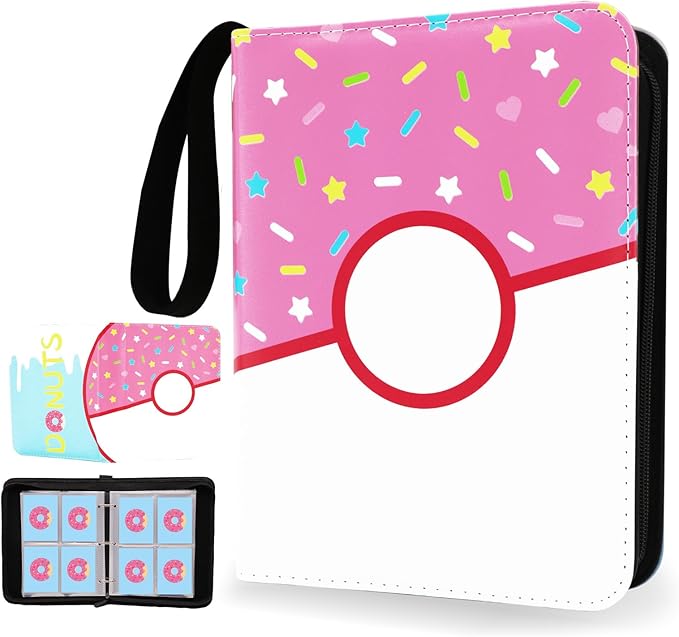 4 Pocket Card Binder 400 Card Holder Album, Pink Donut Trading Cards Holder Zipper Binder for Girl Teen Collection (Pink Donut, 400 Pocket)