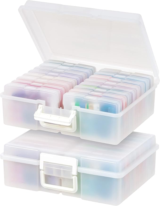 IRIS USA 4" x 6" Photo Storage Box Craft Keeper, 2-Pack, Discreet Handle Container with 16 Organization Holder Cases for Pictures, Tasks, Scrapbooking, Ephemera, Stationery Storage, Pearl