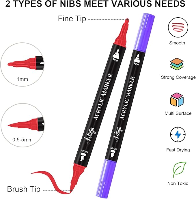 24 Colors Acrylic Paint Pens, Dual Tip Pens With Fine Tip and Brush Tip for Rock Painting, Ceramic, Wood, Plastic, Calligraphy, Scrapbooking, Card Making, DIY Crafts-Valentines Day Gifts