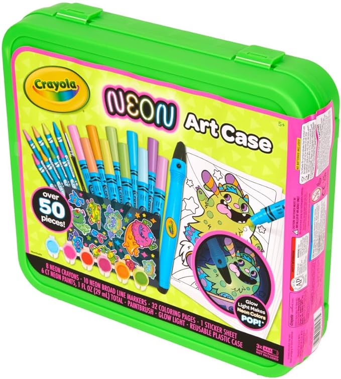Crayola Neon Art Case (50+pcs), Neon Paint, Markers & Crayons, Kids Glow in The Dark Art Set, Gifts for Boys & Girls, Ages 5+