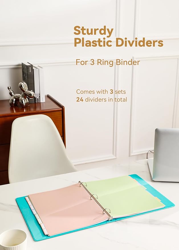 24 Plastic Binder Dividers with 8 Tabs – 3 Sets of Pastel Dividers for 3 Ring Binder, with Colorful Stickers, Letter Size