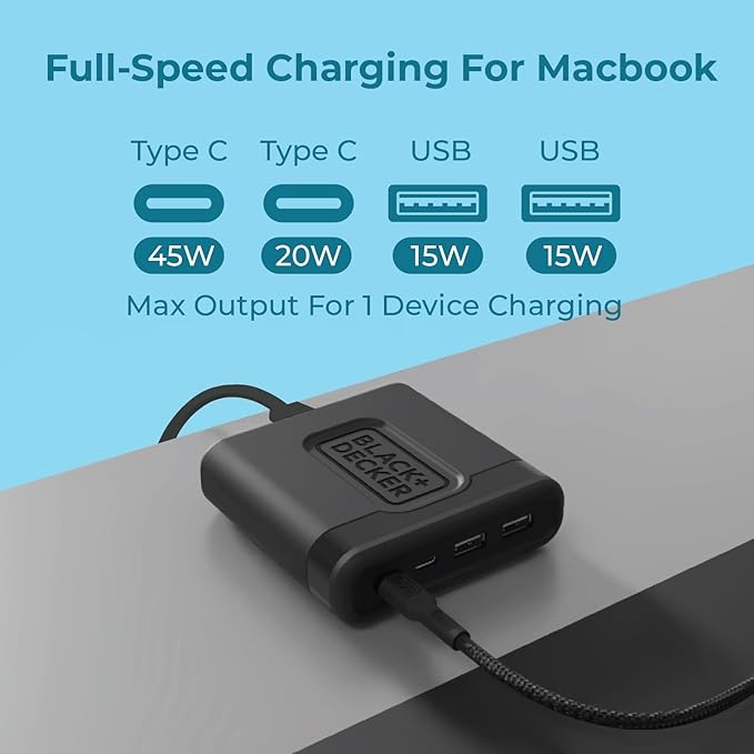 BLACK+DECKER USB C Fast Charger 65W 4 Port Type USB C Charging Station Hub Block TypeC Wall Charger Power Strip Adapter Plug 2 USBC 2 USBA for iPad iPhone 17 16 15 14 Pro Max Pixel Note Galaxy, Black