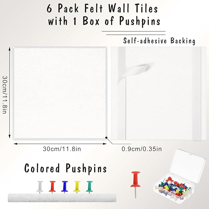 Large Cork Board 36" x 24", 6 Pack Felt Bulletin Board with 30 Pushpins, Cork Boards Alternative with Self-Adhesive Strips, Felt Wall Tiles Pin Board for Wall Office Home School Decor-White