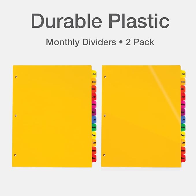 Oxford Plastic Monthly Dividers for 3 Ring Binders, 12 Multicolor Preprinted Tabs, Jan-Dec, Letter Size, 2 Pack (89608)