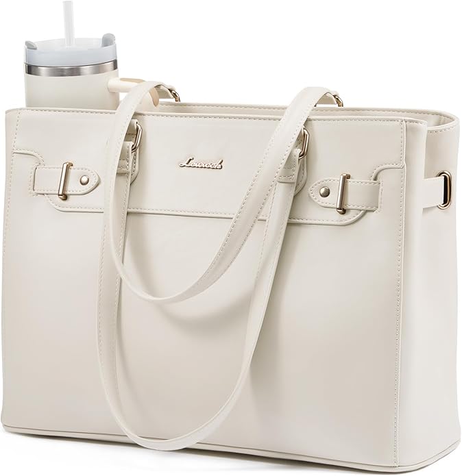 LOVEVOOK Laptop Tote Bag for Women Work, Teacher Tote Bag with Large Cup Holder, 15.6 Inch Waterproof Leather Computer Bag