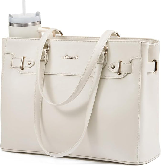 LOVEVOOK Laptop Tote Bag for Women Work, Teacher Tote Bag with Large Cup Holder, 15.6 Inch Waterproof Leather Computer Bag
