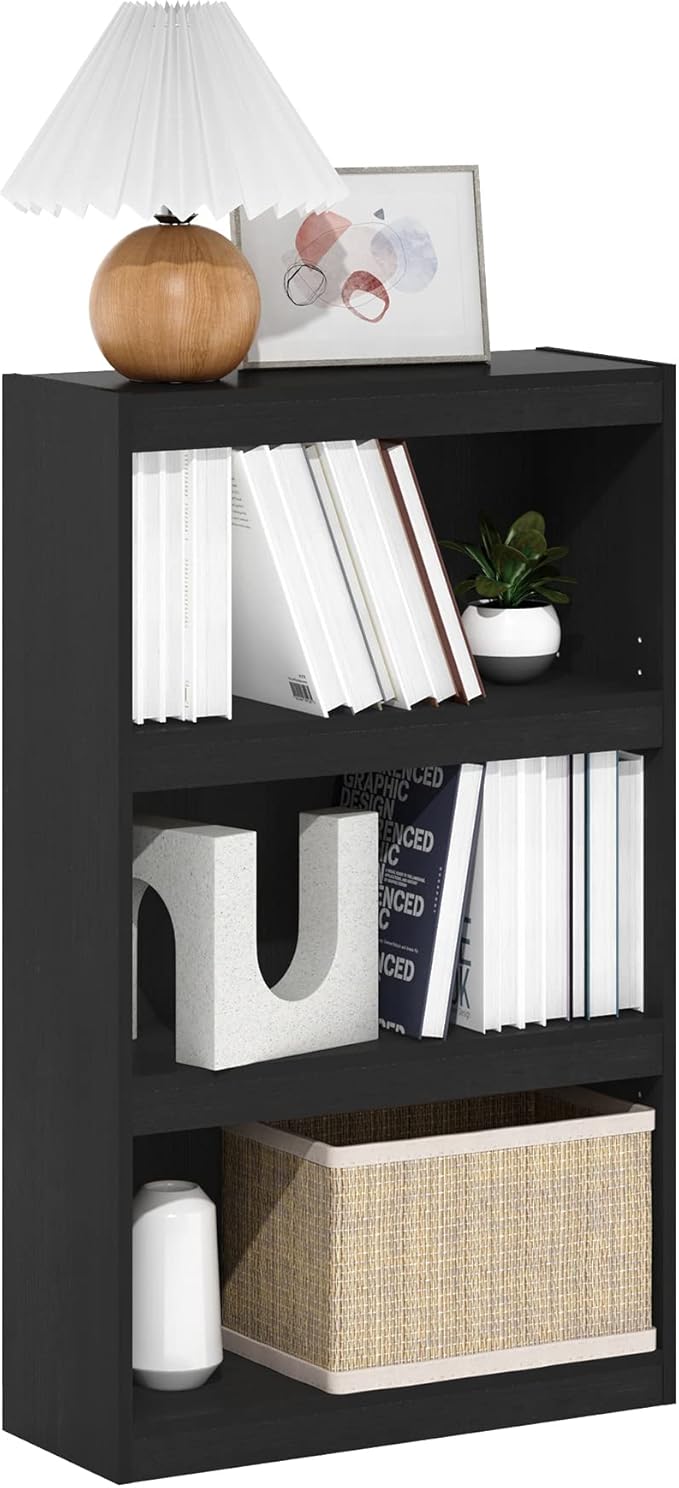 Furinno Jaya Book Shelf, 3-Tier Modern Bookshelf with Adjustable Shelf, Bookcase with Open Shelf, 9.5 x 24.5 x 40.3, for Organization and Storage, for Living Room, Bedroom, Home Office, Darkwood