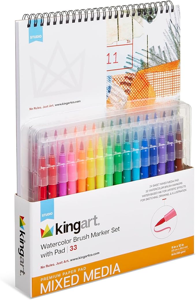 KINGART 33-Piece Watercolor Brush Marker Set with 9x12 Mixed Media Pad – 32 Vibrant Flexible Nylon Tip Pens and 24-Sheet Premium 90 lb Paper Pad – Professional Drawing Kit for Painting and Blending
