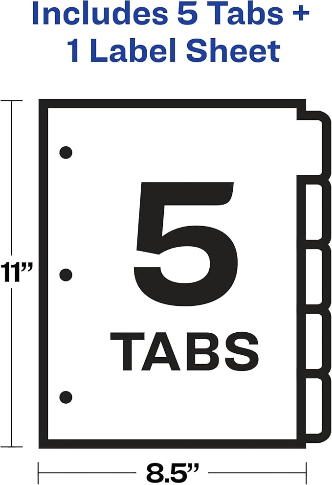 Avery 5 Big Tab Dividers for 3 Ring Binder, Easy Print & Apply Clear Label Strip, Index Maker Customizable White Tabs, 1 Set (11490) (Pack of 6)