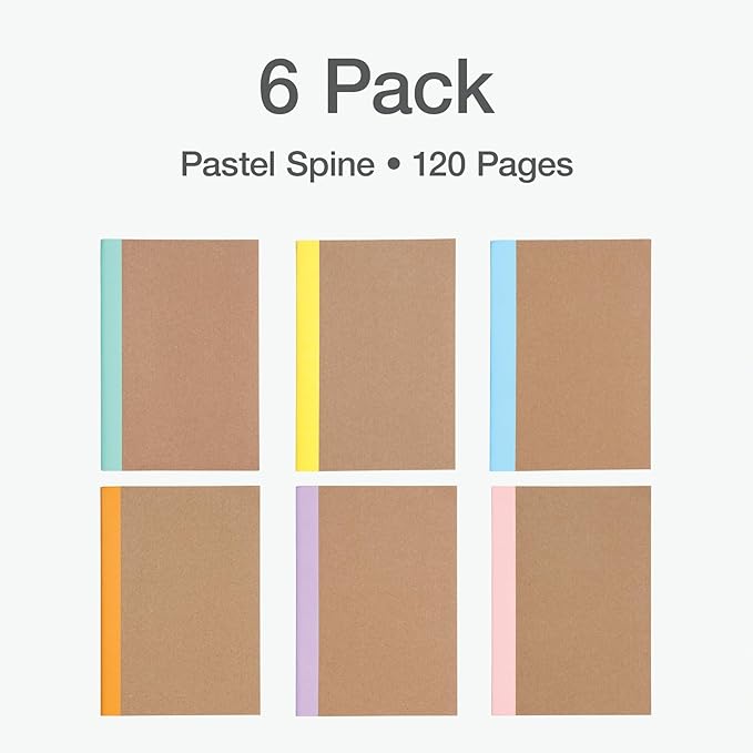 Oxford Composition Notebook 6 Pack, Notebooks for School, School Supplies, College Ruled Paper, 5.75 x 8 Inches, Small Journals, 60 Sheets, Kraft Covers with Assorted Pastel Spines (63832)