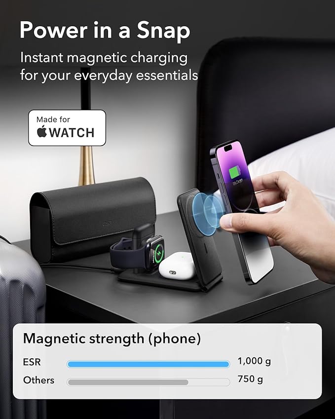 ESR for 3 in 1 Magsafe Charger, Travel Charger Stand Made for Apple Watch Certified, Foldable Charging Station Compatible with Magsafe and iPhone 17/16/15/14/13/12, AirPods 4/3/Pro, Black