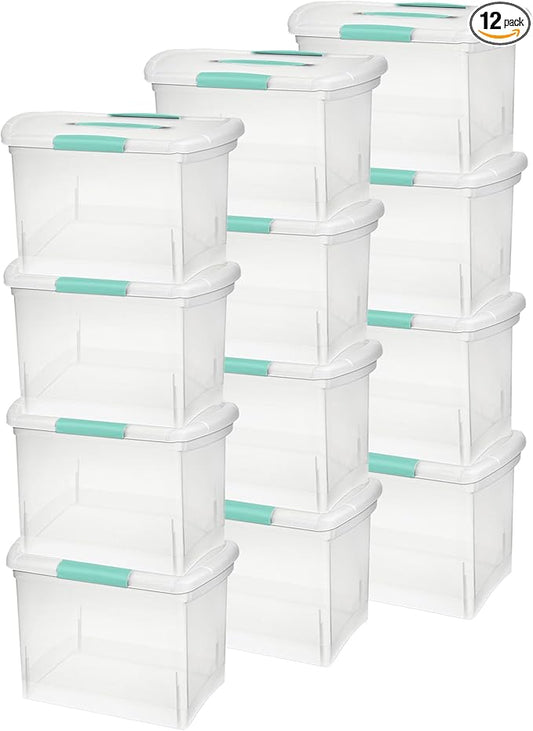 Sterilite Large Nesting ShowOffs Stackable Storage Bin, Latching Organizer Tote with Handle, Plastic Box for File Organization, Clear, 12-Pack