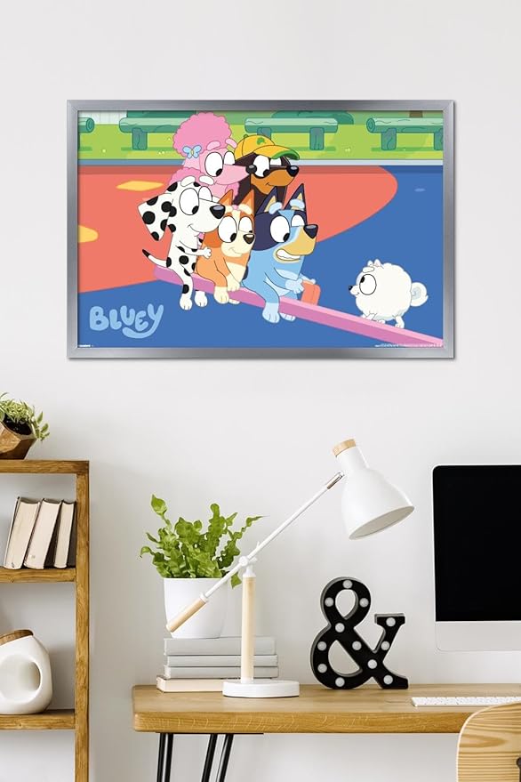 Bluey (2018) - Bluey and Friends See Saw Fun Wall Poster, 34L" x 22.4W", Silver Framed Version