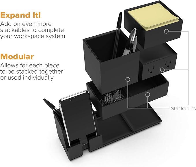 Bostitch Office Konnect Desk Organizer and Charging Station, 2 USB Ports & 2 Plugs, Charges Phones & Tablets, Pencil Cup, 4-Piece Design, Black