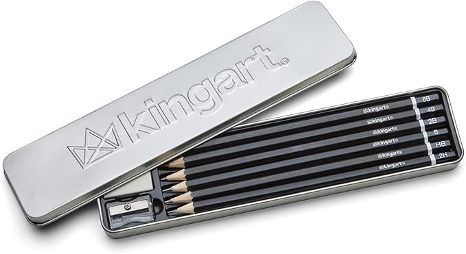 KINGART 9-Piece Essential Sketching & Drawing Pencil Set with Metal Storage Tin – Includes 6 Graphite Pencils (2H to 6B), Sharpener, and Eraser