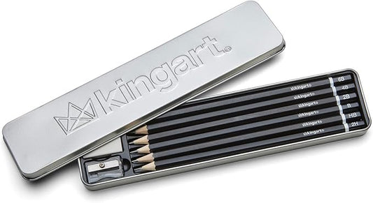 KINGART 9-Piece Essential Sketching & Drawing Pencil Set with Metal Storage Tin – Includes 6 Graphite Pencils (2H to 6B), Sharpener, and Eraser