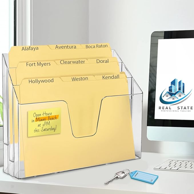Acrimet Horizontal Triple File Folder Holder Organizer, Open-Top Desktop Document Sorter for Letter Size Papers & Folders, Includes 9 Manila Folders, Plastic Clear Crystal