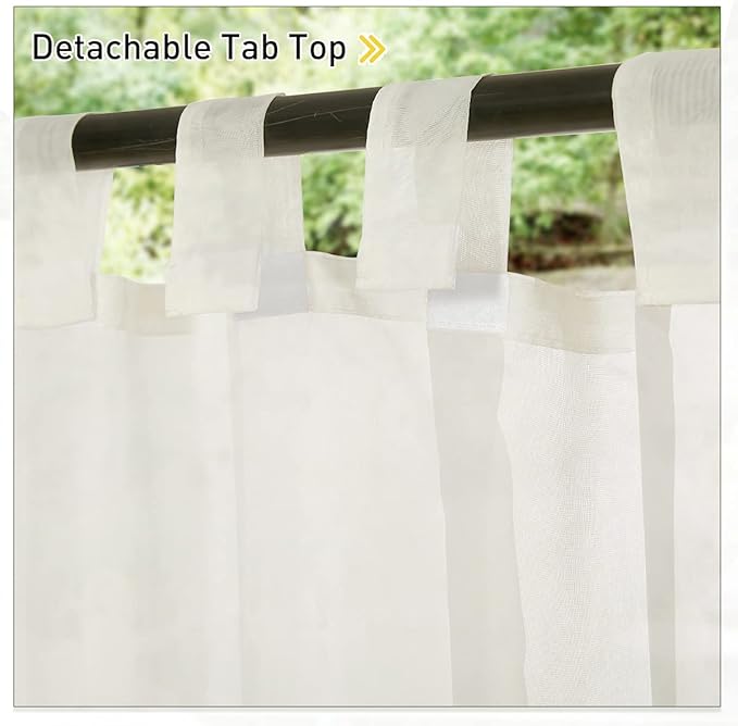 NICETOWN Outdoor Sheer Curtain for Patio Waterproof, Detachable Sticky Tab Top Elegant Sheer Panel Lightweight Drape for Pergola with Rope Tieback, 1 Panel, W54 x L84, Beige