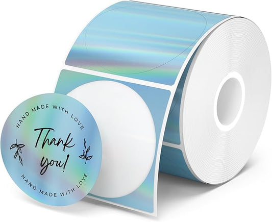 MUNBYN 2" Circle Holographic Thermal Label Stickers Blue, Round Printable Rainbow Glitter Thermal Printer Sticker Labels for Gift Wrapping, Self-Adhesive Name Price Tag DIY Custom Logo Design