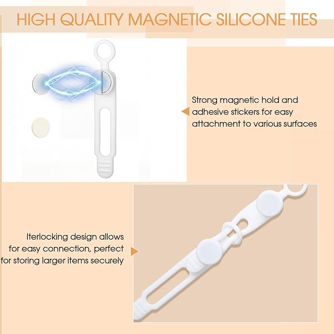 Geelin 10 Pack Magnetic Silicone Cable Ties bulk Reusable Cable Organizer Straps for Cord Management Magnetic Wire Ties for USB Cables Headphones Charger Cords Curtain Towel Straps(White)