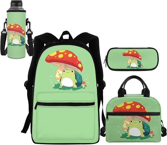 Mushroom Frog Backpack for Teen Girls 3-5 6-8 8-10 Kids School Backpack for Girls 1st 2nd 3rd Grade Elementary Kindergarten Preschool Bookbag Lunch Box Pencil Purse Water Bottle Sleeve
