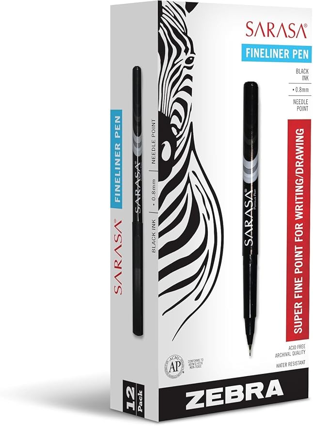 Zebra Pen, SARASA Fineliner Felt Tip Pens, 0.8mm Porous Point, Black Ink, Archival Quality, Acid Free, Fast-Drying, Ideal for Writing, Journaling and Coloring, 12-Pack (66110)