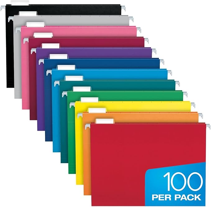 Pendaflex Colored Hanging File Folders Letter Size with 1/5 Cut Adjustable Tabs, 8.5 X 11-12 Assorted Colors, 100 Pack