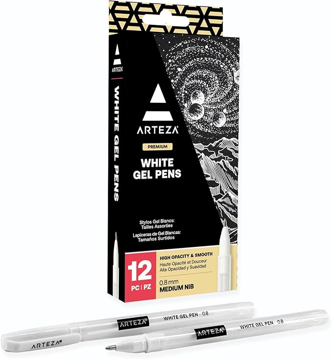 ARTEZA White Gel Pens, Set of 12 Rollerball Pens for Drawing, Highlights & Writing, Opaque Ink for Black Paper and Dark Surfaces