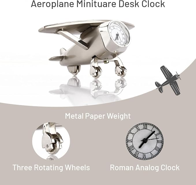 Aeroplane Miniature Table Clock & Paper Weight – Stylish Analog Desk Clock with Roman Numerals, Vintage Home Office Decor & Corporate Gift
