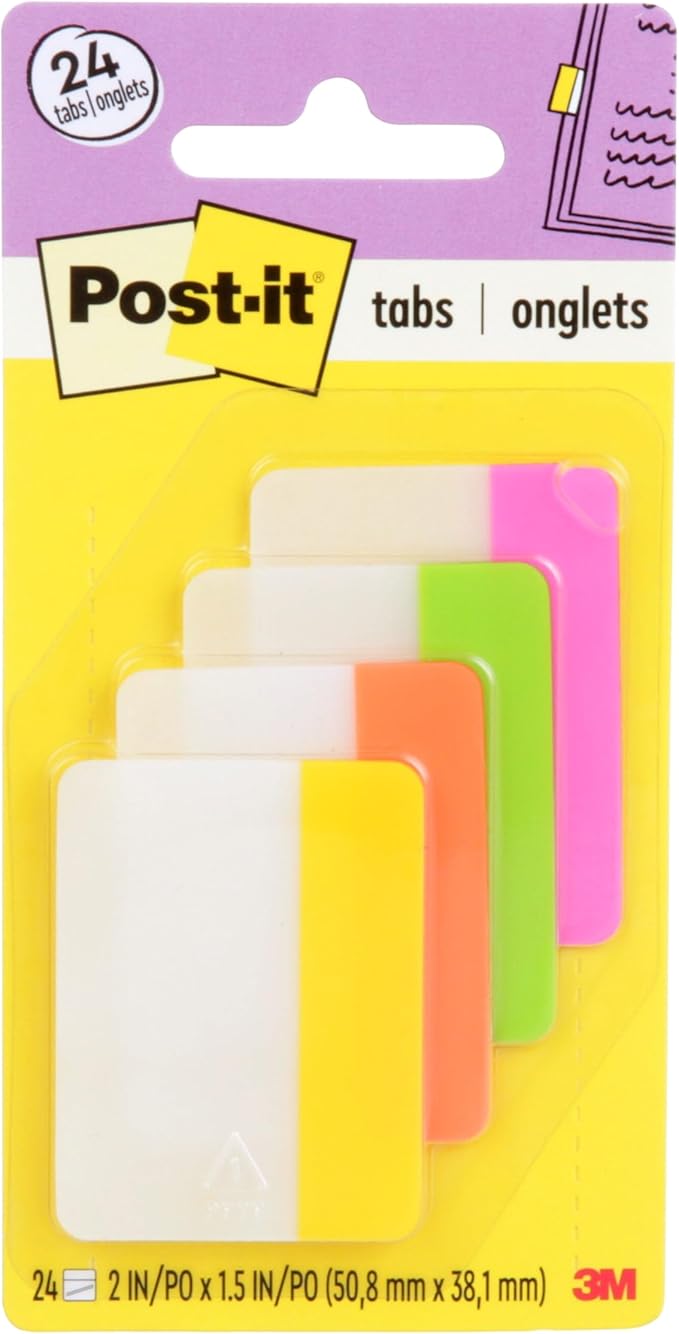 Post-it Tabs, 2 in, Solid, Assorted Bright Colors, 6 Tabs/Color, 4 Colors, 24 Tabs/Pack (686-PLOY)
