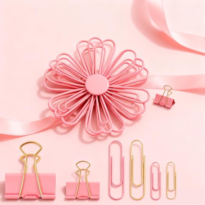 180 Pcs Pastel Pink & Gold Paper Clips and Binder Clips Set Assorted Size Office Desk Supplies for Paper Organization, School Planners, Home Document Fasteners (Metal Clips Kit)