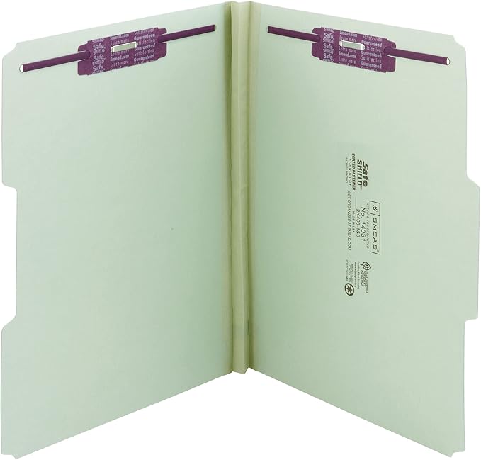 Smead Pressboard Fastener File Folder with SafeSHIELD Fasteners, 2 Fasteners, 1/3-Cut Tab, 1" Expansion, Letter Size, Gray/Green, 25 per Box (14931)