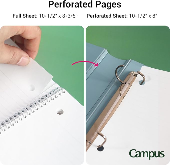 KOKUYO Spiral Notebook, 3 Pack Campus 10-1/2" x 8" Subject Notebooks with College Ruled, 80 Sheets, Pink Blue Green 3 Holes School Spiral Journal for Work Study Note Taking (WSG-SU-400G1×3)
