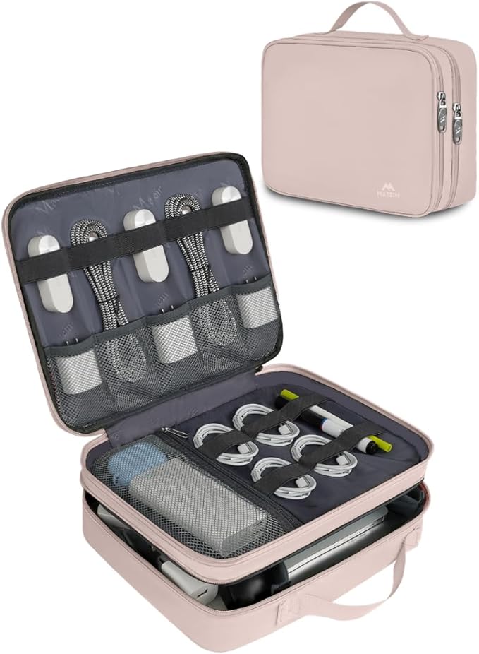 MATEIN Travel Cord Organizer for Women, Large Tech Storage Bag Water Resistant Electronic Accessories Case with Handle for Cord, Cables, Cellphone, Tablet (Up to 12.9inch), Powerbank, Soft Pink