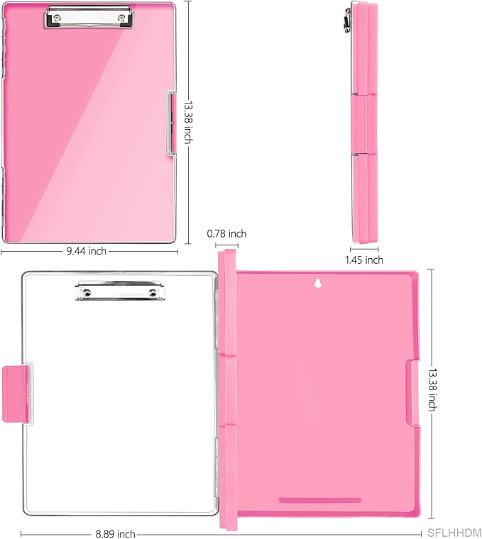 SFLHHDM Clipboard with Storage,Heavy Duty Clip Boards 8.5x11 with 2 Storage Case,Clear Visible Panel Storage Clipboards,Side Opening Nursing Clipboard Folder for Office Supplies-Pink