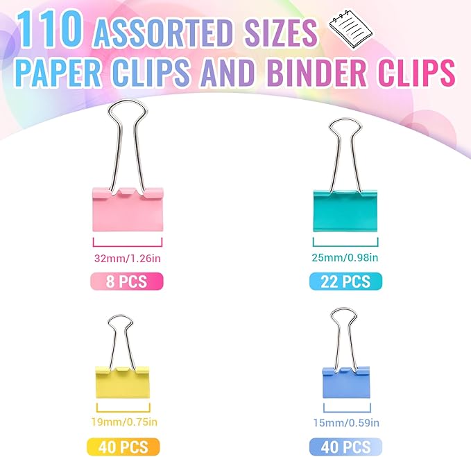 110PCS Colored Binder Clips Assorted Sizes,4 Sizes Large Medium Small Mini Paper Clamps Set, Cute Office Paper Clips for Home School Office Supplies Organizing(Blue, Pink, Yellow, Green)