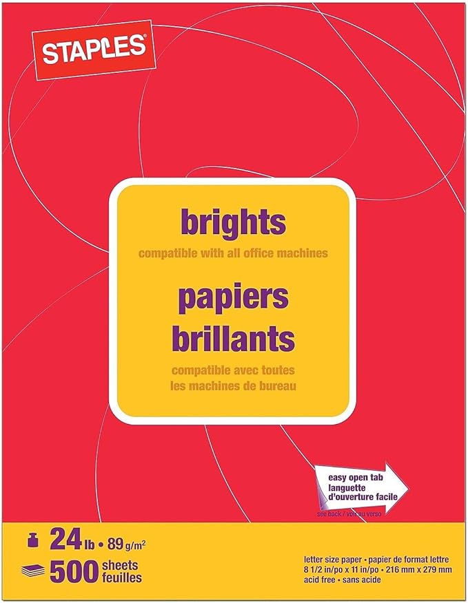 Staples Brights 24 Lb. Colored Paper Red 500/Ream, For Everyday Use at Home or Office