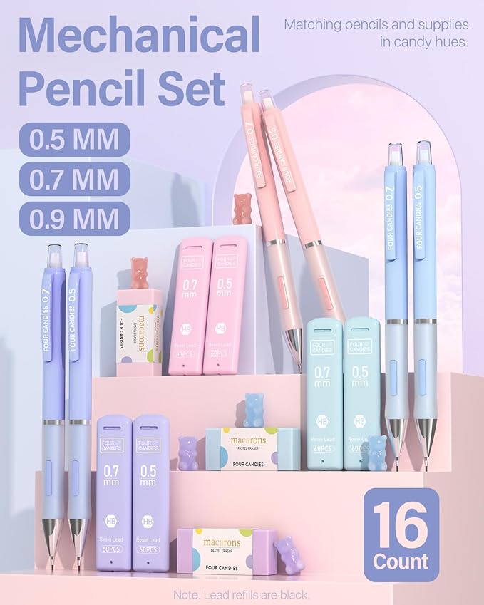 Four Candies Cute Mechanical Pencil Set, 6PCS Pencils 0.5 mm & 0.7 mm & 0.9 mm with 360PCS Lead Refills, Pastel Erasers, Case for School Supplies