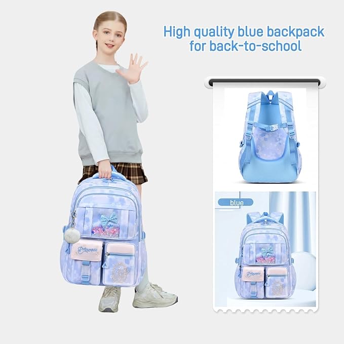 Kids Backpack School Bags for Girls, Cute Princess Backpack Multi-pocket Elementary School Students Bookbag for Girls, Blue