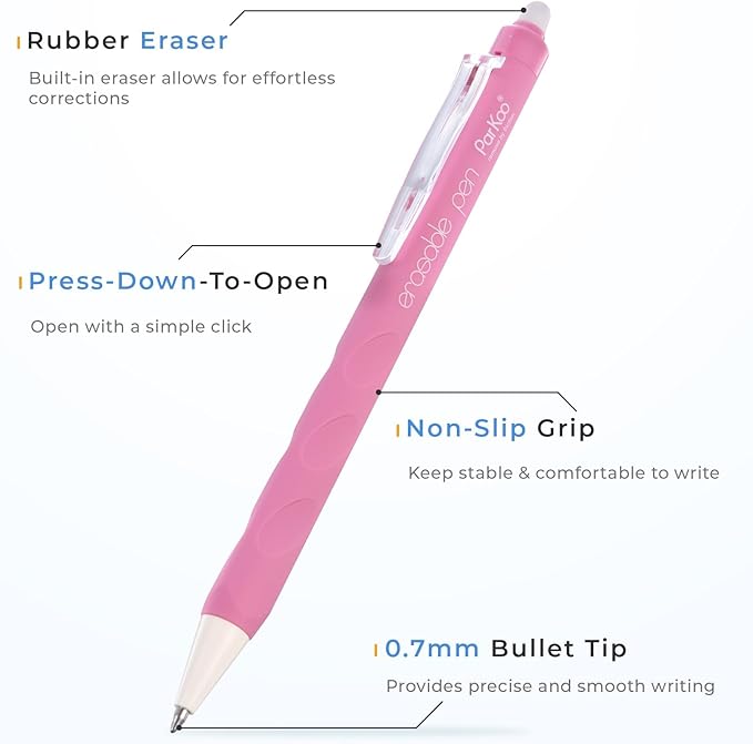ParKoo Erasable Gel Pens, 12 Colors Retractable Erasable Colored Pens Fine Point 0.7mm, Make Mistakes Disappear, Assorted Color Inks for Drawing Coloring Writing Planner