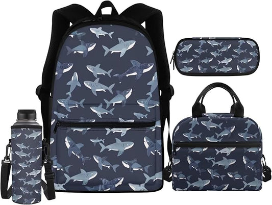 Shark Backpack for School Girls Boys Bookbag with Lunch Bag Pencil Case Water Bottle Pouch Kids School Bags Preschool Elementary Schoolbag 4pcs/set Travel Daypack