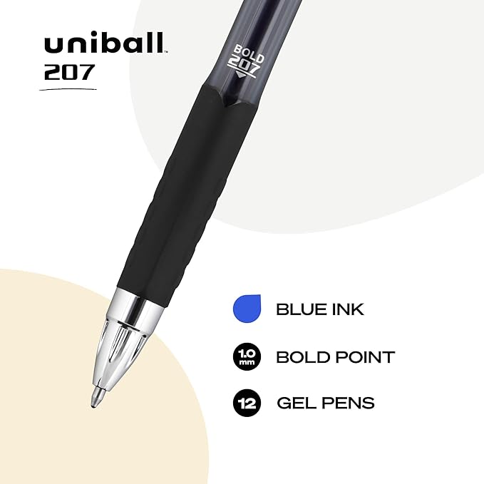 Uni-Ball Signo 207, 12 Pack 1.0mm Bold Blue Gel Pens - Water Resistant, Smooth Writing, Comfort Grip, Retractable - Back to School Pens, Teacher Pens, School Supplies