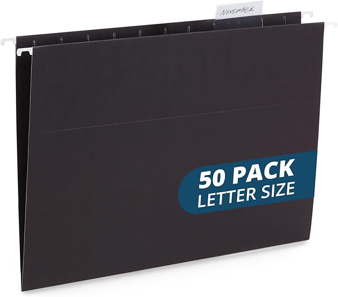 Blue Summit Supplies 50 Hanging File Folders, 50 Reinforced Hang Folders, Designed for Home and Office Color Coded File Organization, Letter Size, Black, 50 Pack