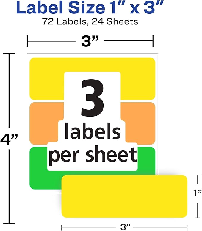 Avery Color-Coding Removable Labels, 1" x 3", Assorted Neon Colors, Non-Printable, 72 Blank Labels Total (6722)
